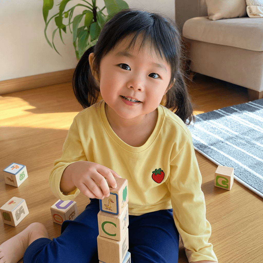 Mei, 4, sitting on a sunlit hardwood floor stacking wooden alphabet blocks.