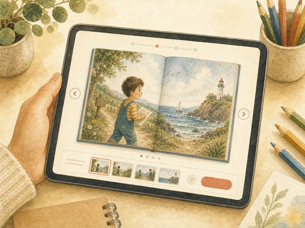 Tinyshelf preview reader mockup showing an illustrated book spread and approval panel.