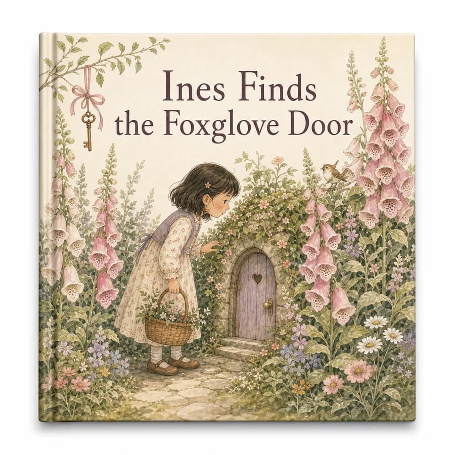 Custom hardcover cover titled Ines Finds the Foxglove Door.