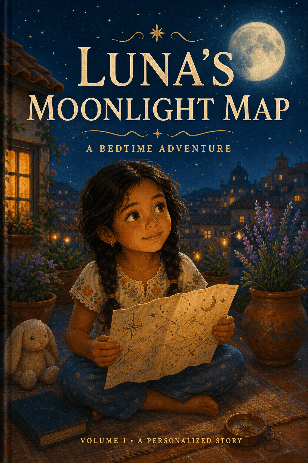Portrait-format custom hardcover cover titled Luna's Moonlight Map: A Bedtime Adventure.