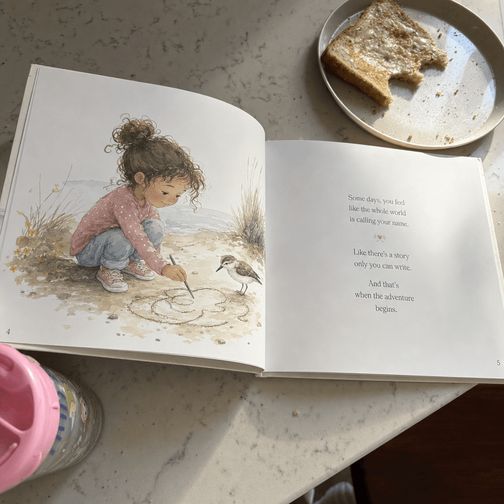 Mia's hardcover open on a sunlit kitchen counter beside a half-eaten piece of toast.